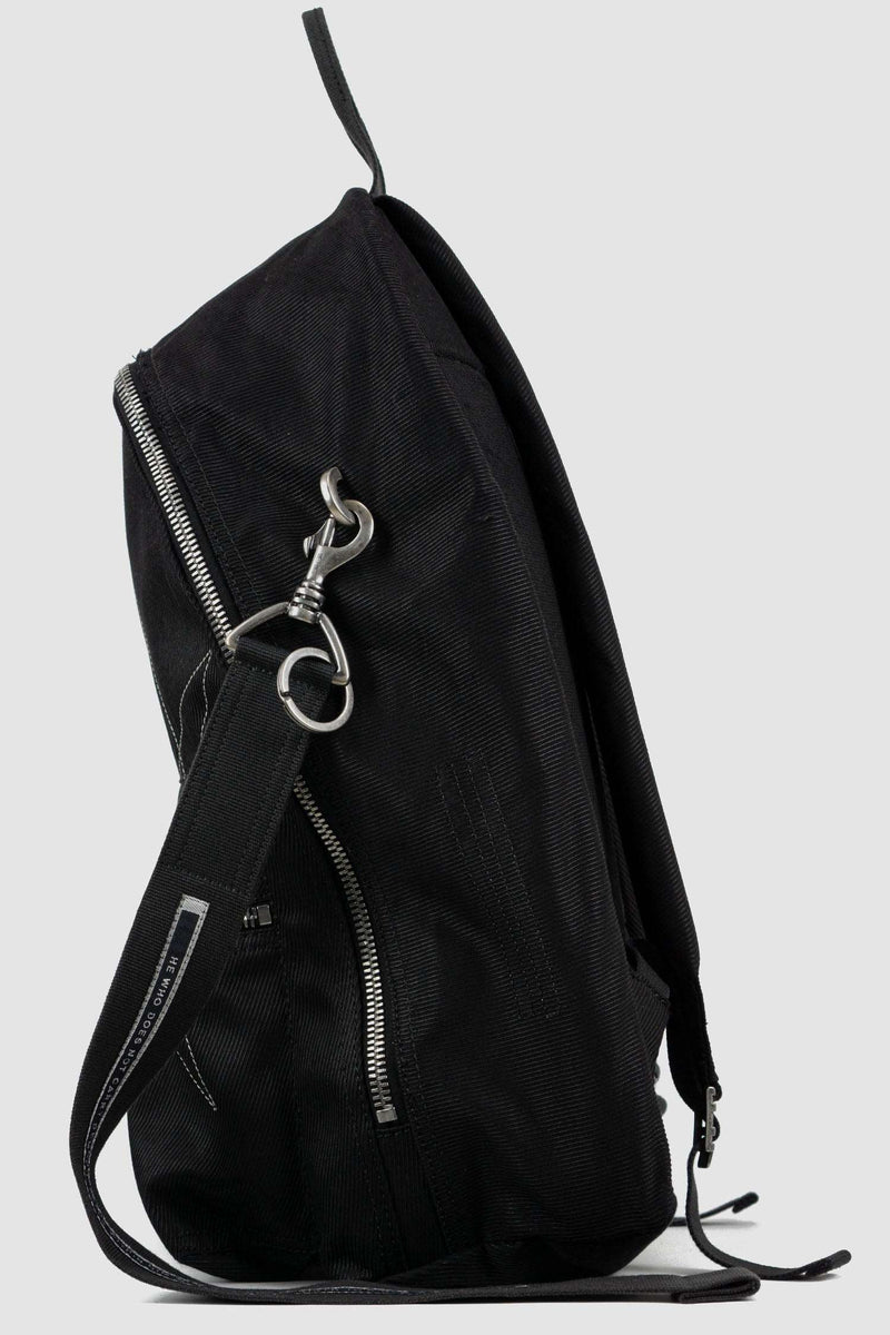 Rick Owens DRKSHDW Black Cotton Backpack with Embroidered Pentagram Logo. Perfect for laptops, with an extra keychain side right.