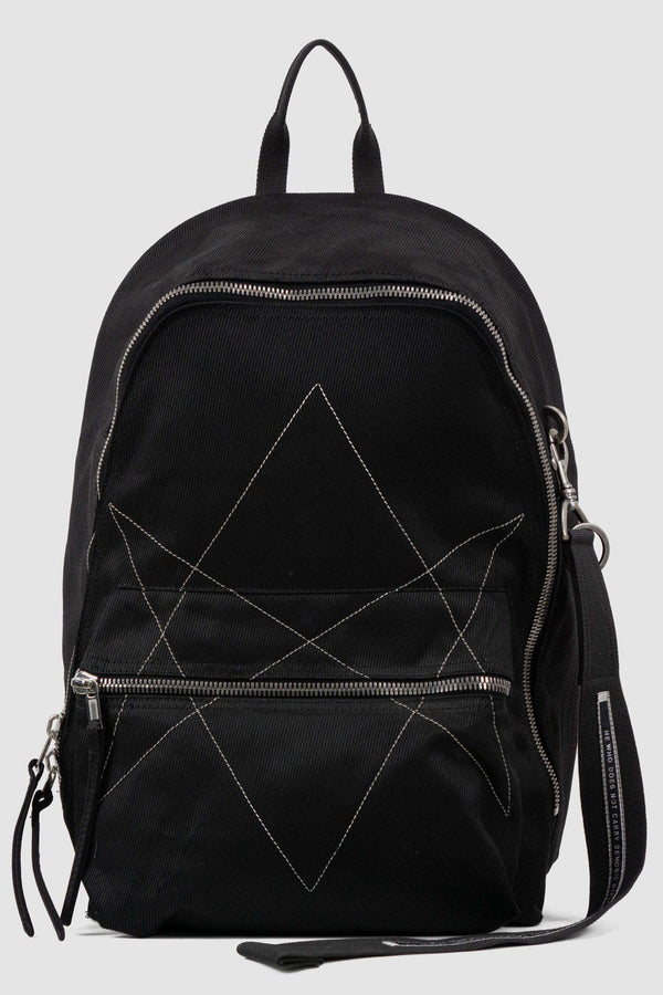 Rick Owens DRKSHDW Black Cotton Backpack with Embroidered Pentagram Logo. Perfect for laptops, with an extra keychain, front.