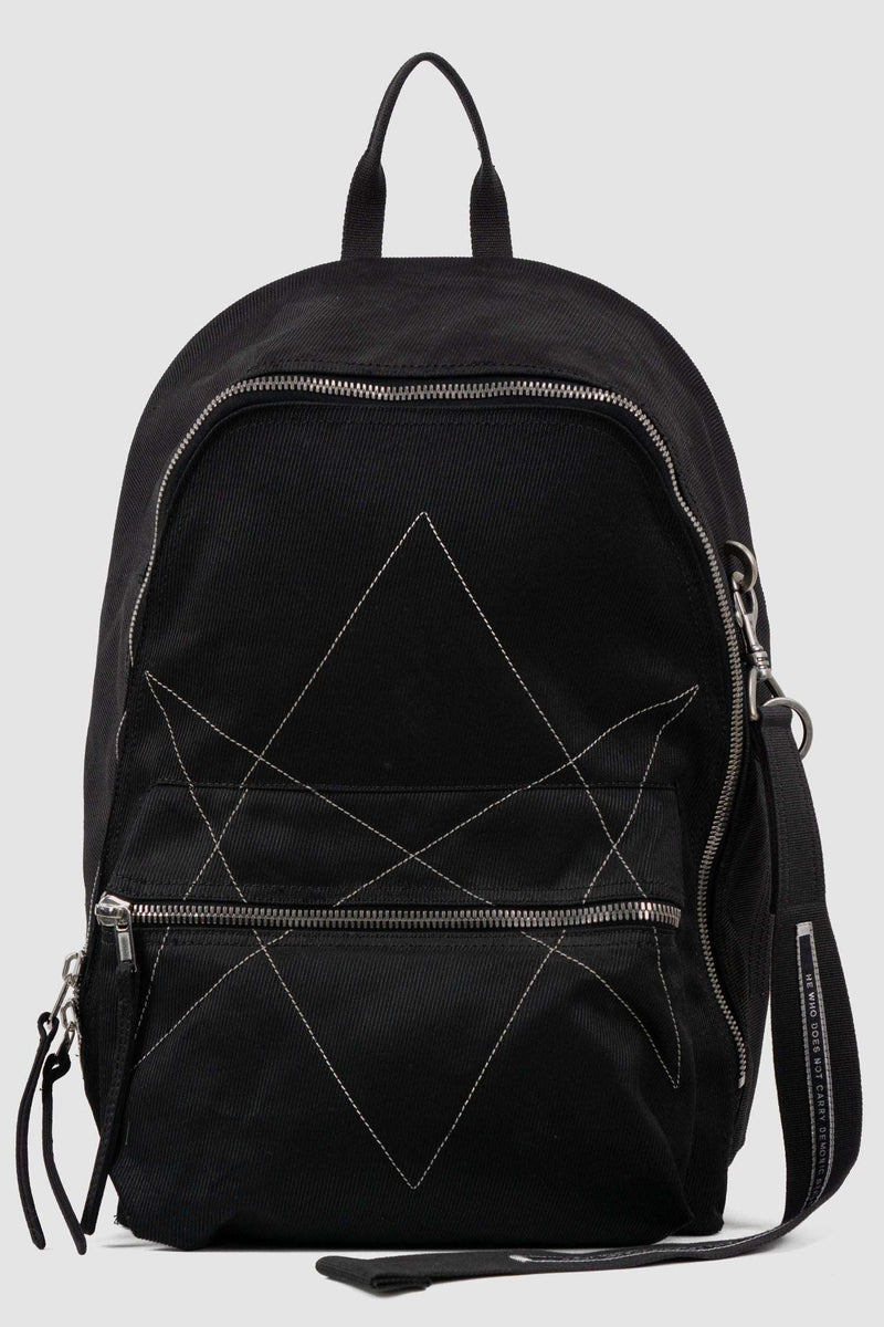 Rick Owens DRKSHDW Black Cotton Backpack with Embroidered Pentagram Logo. Perfect for laptops, with an extra keychain, front.