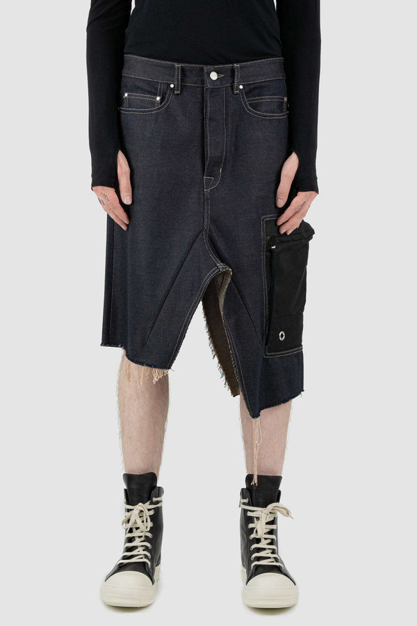 RICK OWENS sissy cargo skirt from the FW18 "Sissyphos" runway, in thick cotton Denim with oversized cargo pocket front view.