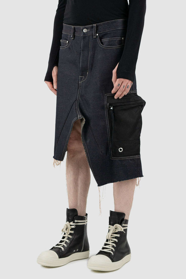 RICK OWENS sissy cargo skirt from the FW18 "Sissyphos" runway, in thick cotton Denim with oversized cargo pocket side left.
