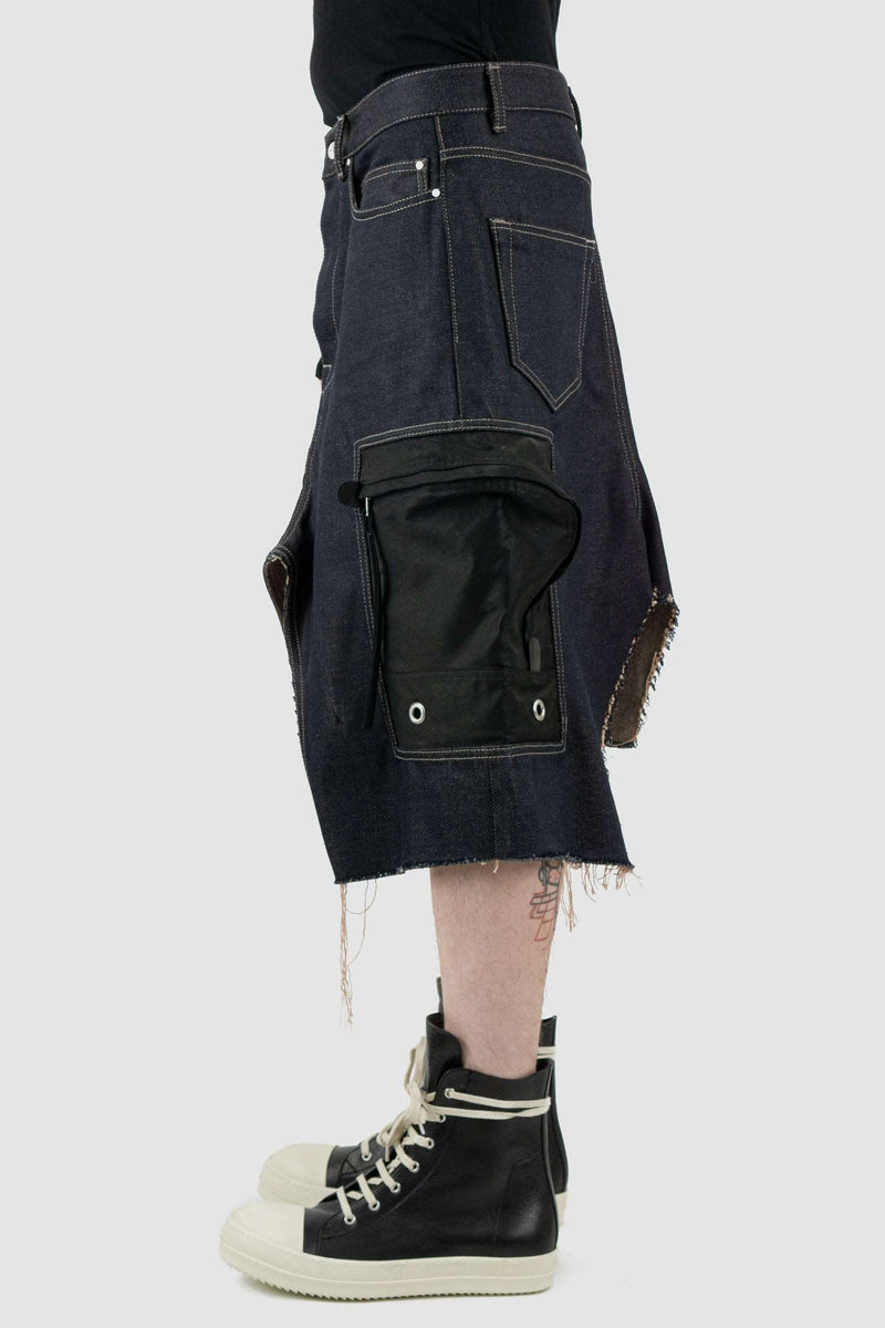 RICK OWENS sissy cargo skirt from the FW18 "Sissyphos" runway, in thick cotton Denim with oversized cargo pocket left view.