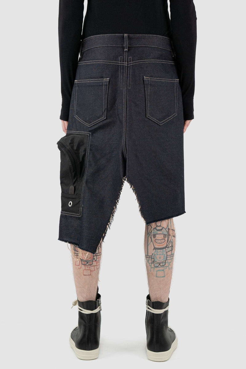 RICK OWENS sissy cargo skirt from the FW18 "Sissyphos" runway, in thick cotton Denim with oversized cargo pocket back view.