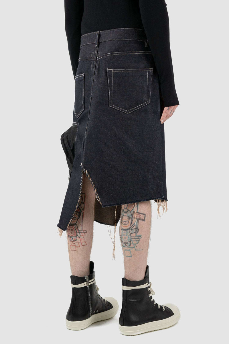 RICK OWENS sissy cargo skirt from the FW18 "Sissyphos" runway, in thick cotton Denim with oversized cargo pocket back right view.