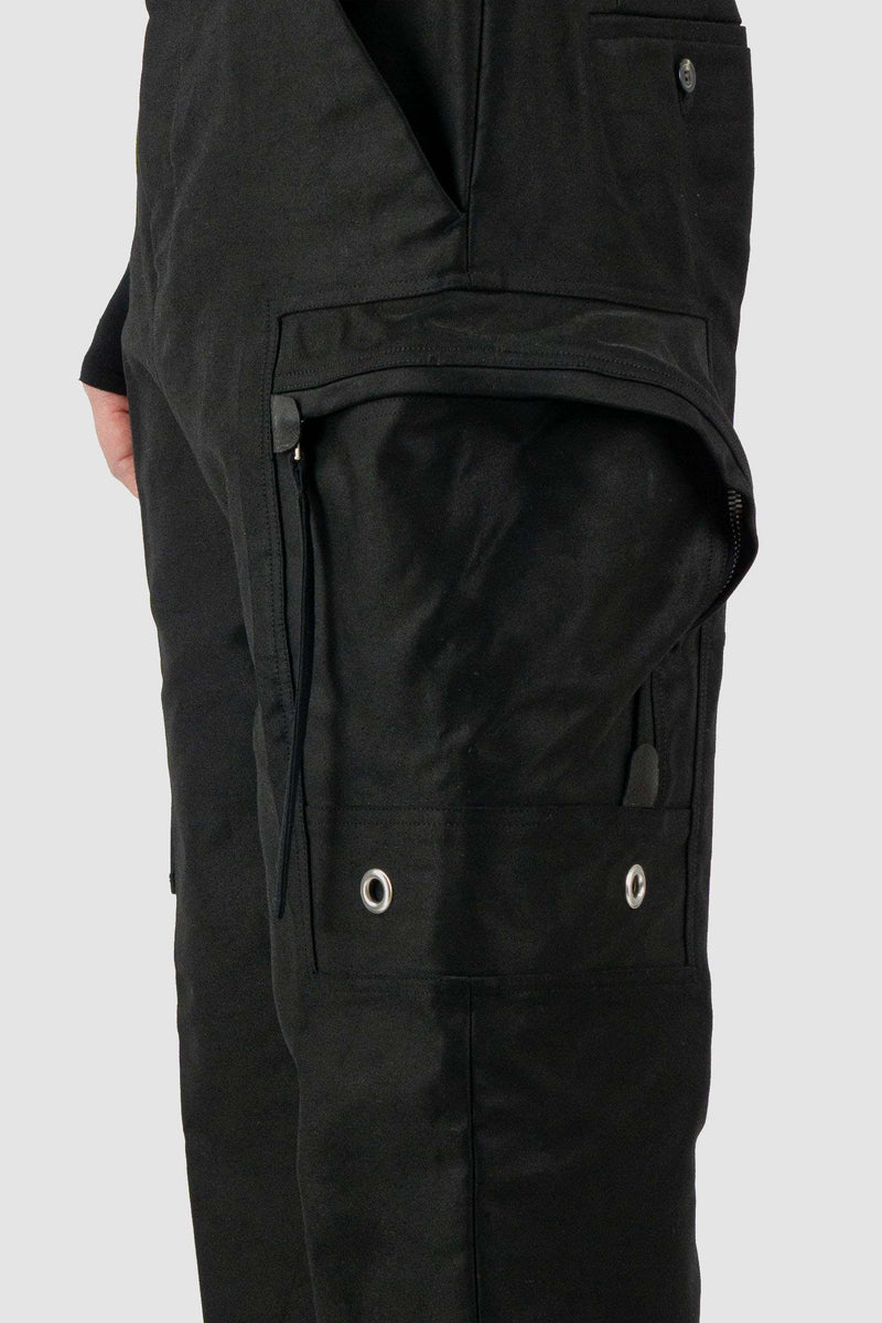 RICK OWENS black high-waisted cargo pants from the FW18 runway, in thick cotton twill with oversized cargo pockets detail.