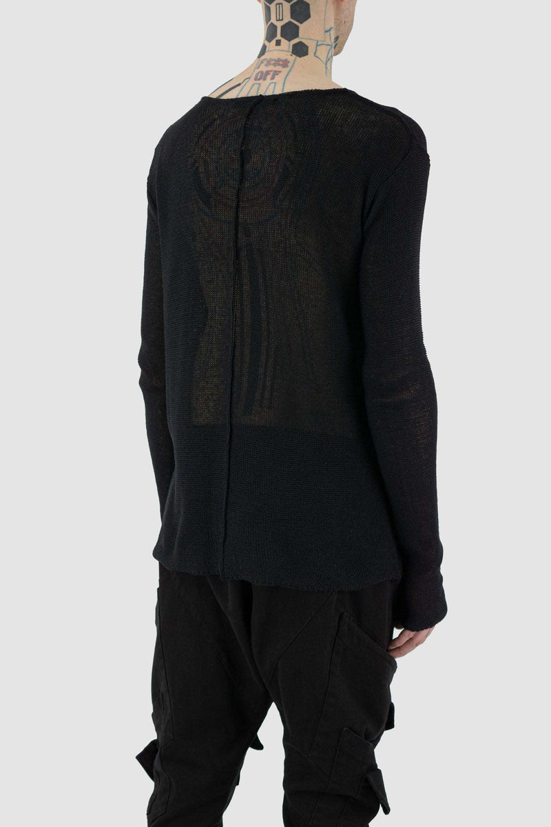 Back view of Black Knitted Sweater for Men with decorative seam detail, LA HAINE INSIDE US