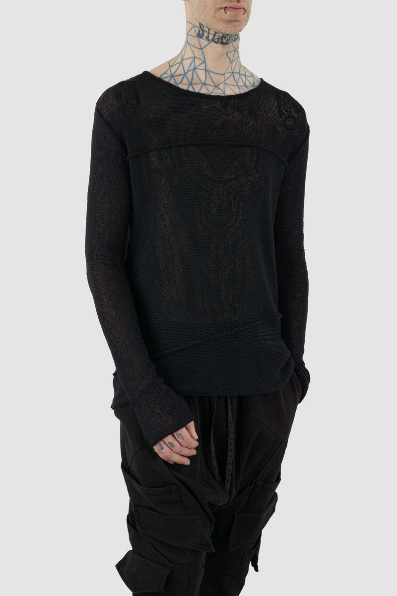 Front view of Black Knitted Sweater for Men with decorative seam detail, LA HAINE INSIDE US