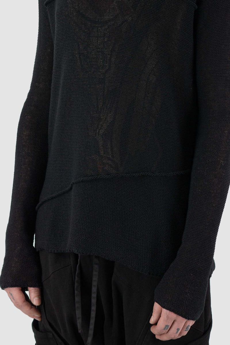 Detail view of Black Knitted Sweater for Men with decorative seam detail, LA HAINE INSIDE US