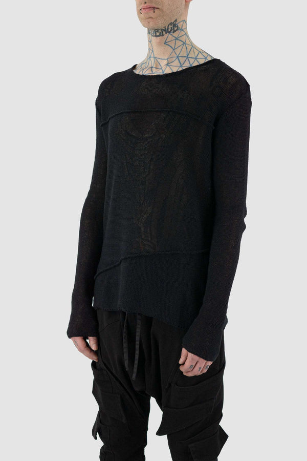 Side view of Black Knitted Sweater for Men with decorative seam detail, LA HAINE INSIDE US