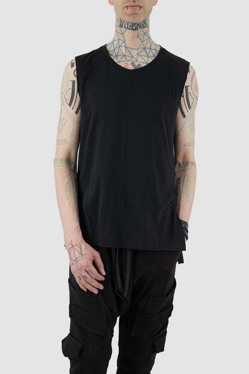 Front view of Black Cotton Tank for Men with side slit bottom detail, LA HAINE INSIDE US