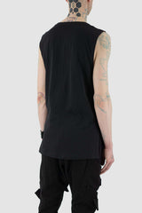 Side view of Black Cotton Tank for Men with side slit bottom detail, LA HAINE INSIDE US