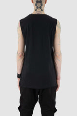 Back view of Black Cotton Tank for Men with side slit bottom detail, LA HAINE INSIDE US