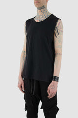 Side view of Black Cotton Tank for Men with side slit bottom detail, LA HAINE INSIDE US