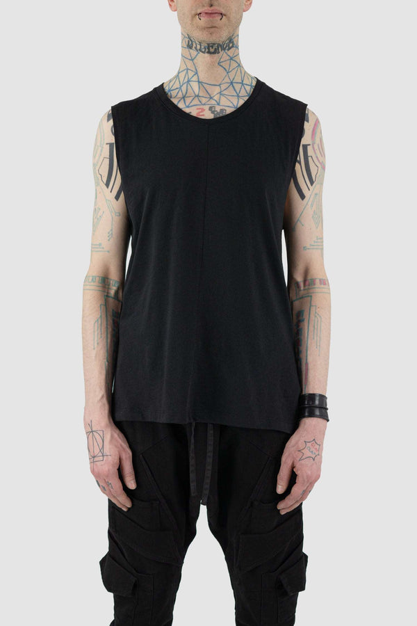 Front view of Black Cotton Tank for Men with side slit bottom detail, LA HAINE INSIDE US