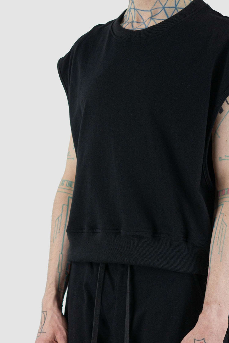 Detail view of Black Smock Over Grunge Top with thick cotton twill, XCONCEPT