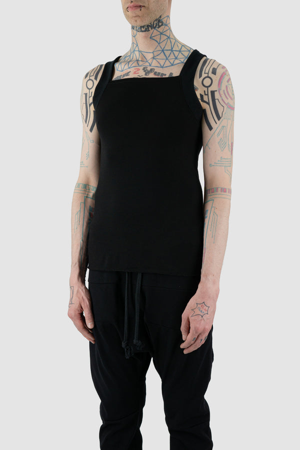 Side view of Black Square Tank Top for Men with loose fit and square cut, OBECTRA
