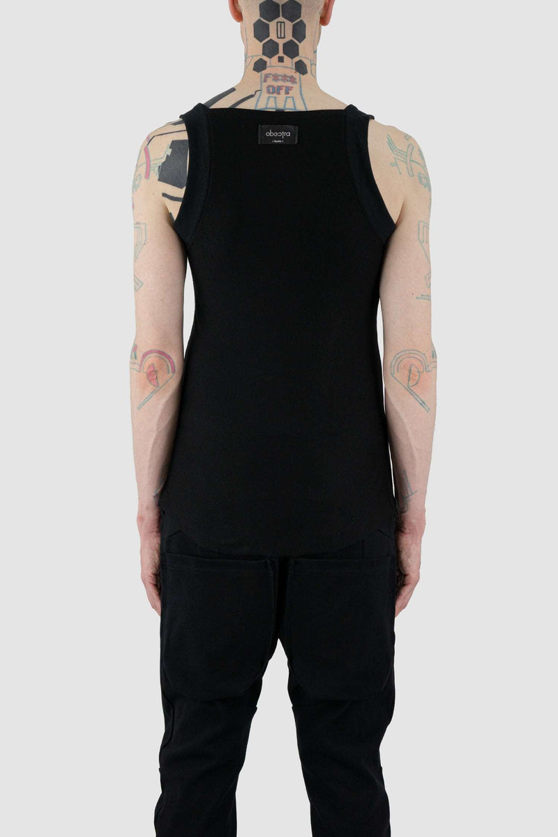 Back view of Black Square Tank Top for Men with loose fit and square cut, OBECTRA