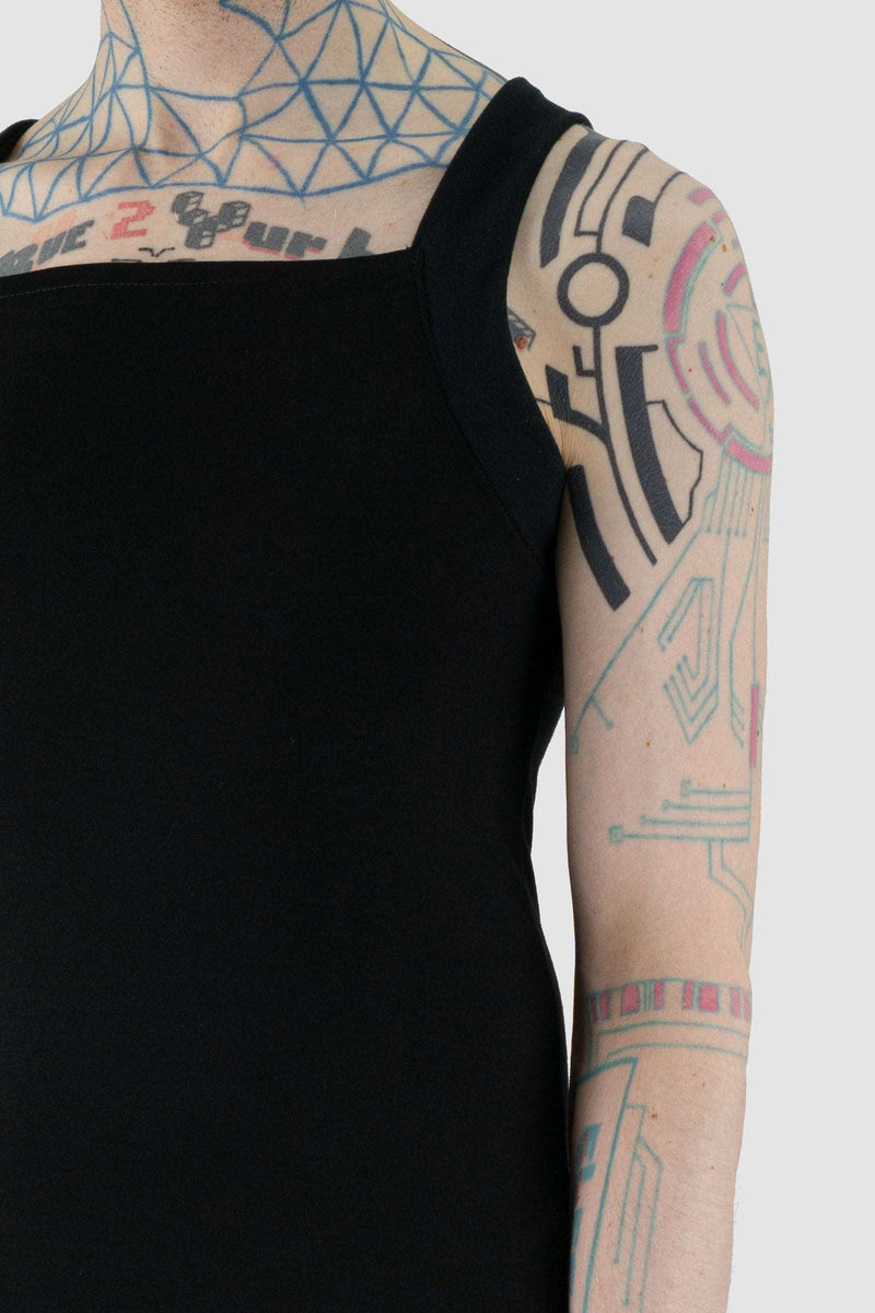 close up view of Black Square Tank Top for Men with loose fit and square cut, OBECTRA
