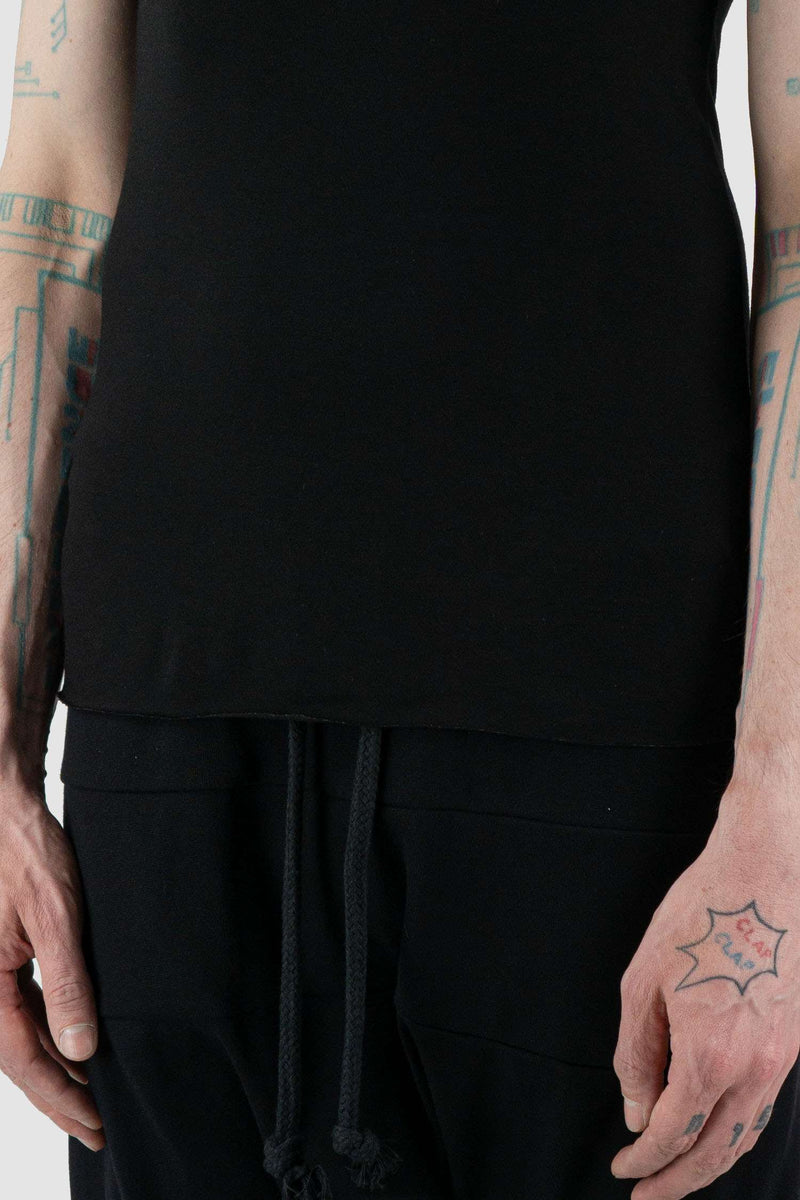 Detail view of Black Square Tank Top for Men with loose fit and square cut, OBECTRA