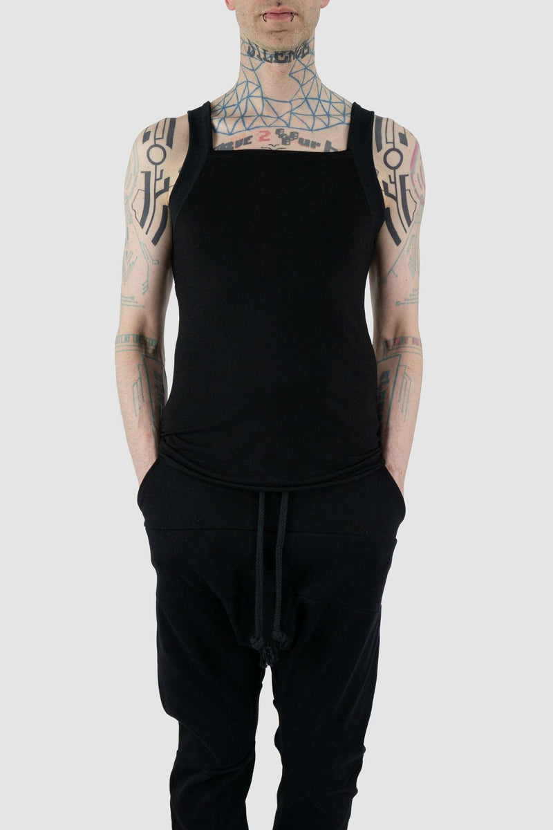 Front  Styling view of Black Square Tank Top for Men with loose fit and square cut, OBECTRA