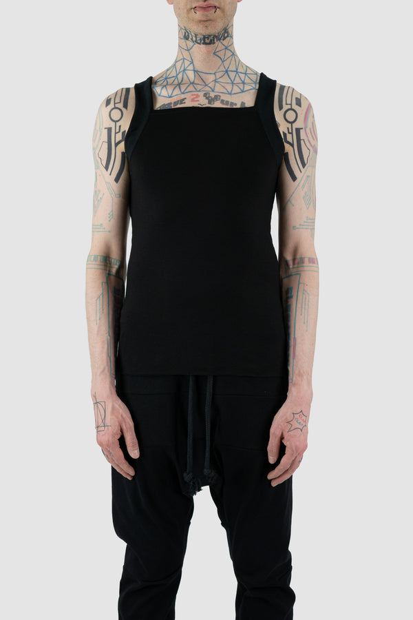 Front view of Black Square Tank Top for Men with loose fit and square cut, OBECTRA