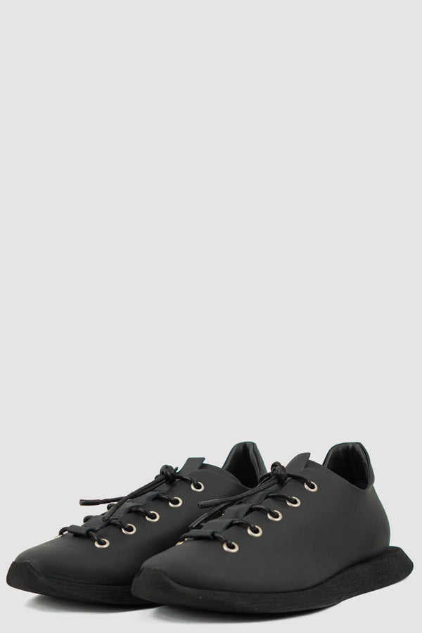 PURO SECRET, Matte Black Leather Sneaker, Permanent Collection, Parachute Lacing, Square Sole, 100% Calfskin Leather, Vegetable Tanned Leather, Buffed Rubber Sole, Made in Italy