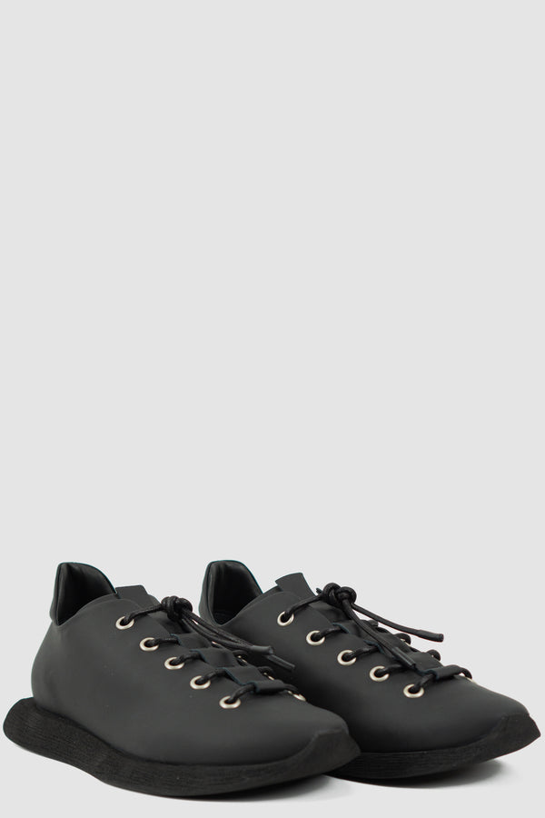PURO SECRET, Matte Black Leather Sneaker, Permanent Collection, Parachute Lacing, Square Sole, 100% Calfskin Leather, Vegetable Tanned Leather, Buffed Rubber Sole, Made in Italy
