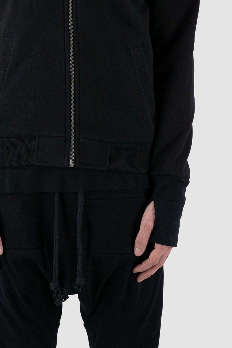 Detail view of Black Nala Sweat Bomber Jacket for Men with relaxed fit and waterfall collar, OBECTRA