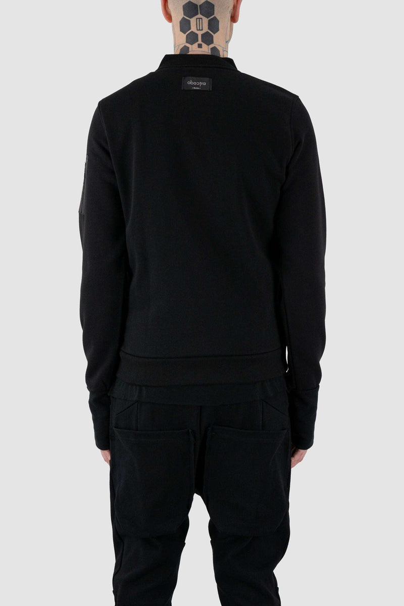 Back view of Black Nala Sweat Bomber Jacket for Men with relaxed fit and waterfall collar, OBECTRA