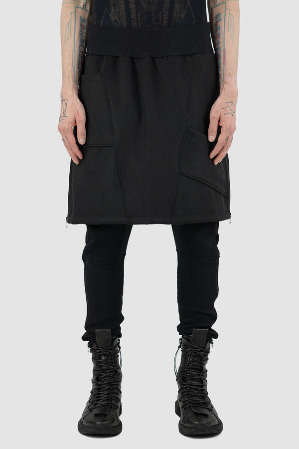 Front view of Black Woven Skirted Sweatpants for Men with low crotch detail, LA HAINE INSIDE US