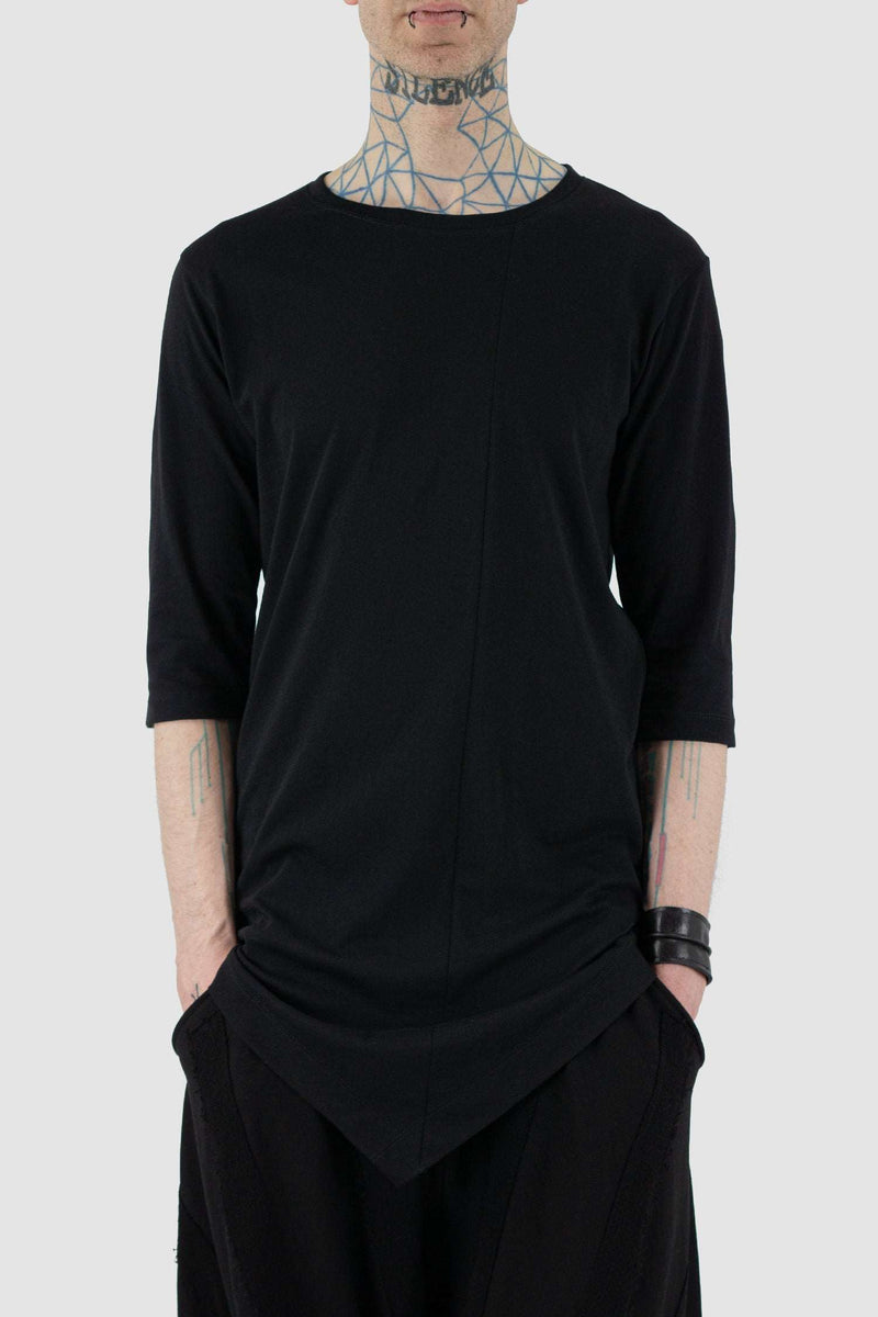 Front view of Asymmetric 3/4 Sleeve T-Shirt in black - LA HAINE INSIDE US
