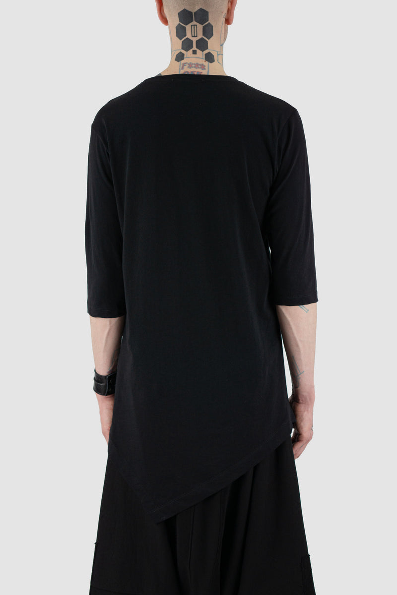 Back view of Asymmetric 3/4 Sleeve T-Shirt in black - LA HAINE INSIDE US
