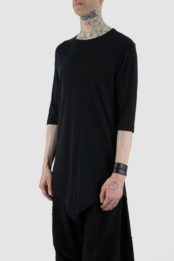 Side view of Asymmetric 3/4 Sleeve T-Shirt in black - LA HAINE INSIDE US