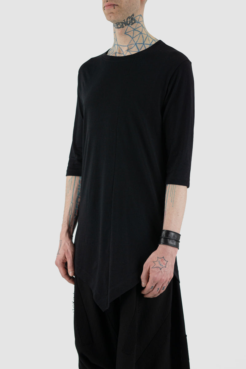 LA HAINE INSIDE US Black Asymmetric Cotton T-Shirt - SS24 Collection | 100% Cotton | Asymmetric Cut, Regular Fit, 3/4 Sleeve Detail, Round Neck | Made in Italy