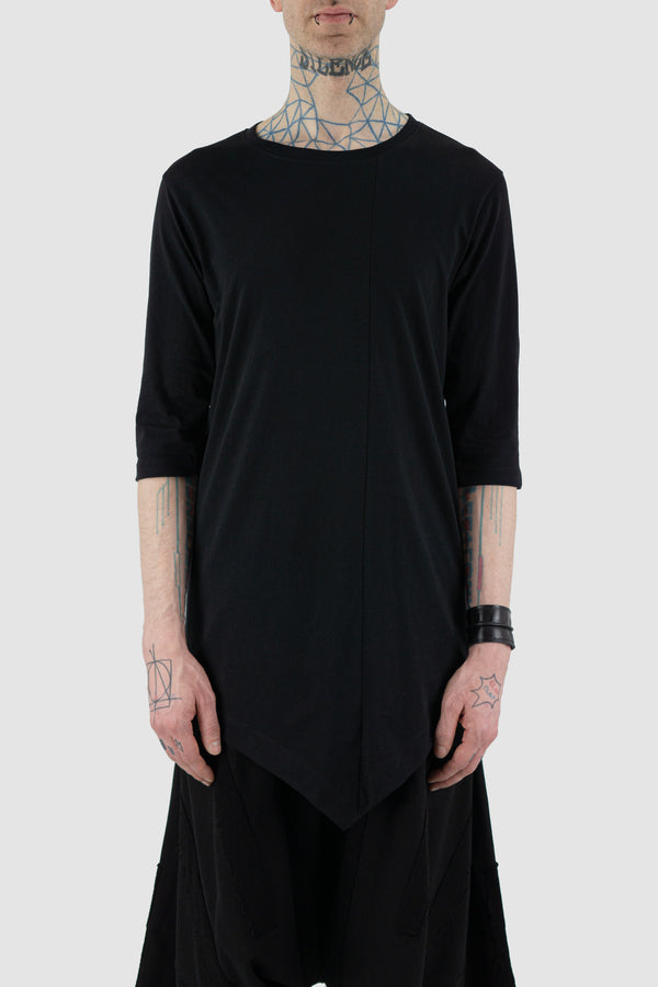 Front view of Asymmetric 3/4 Sleeve T-Shirt in black - LA HAINE INSIDE US