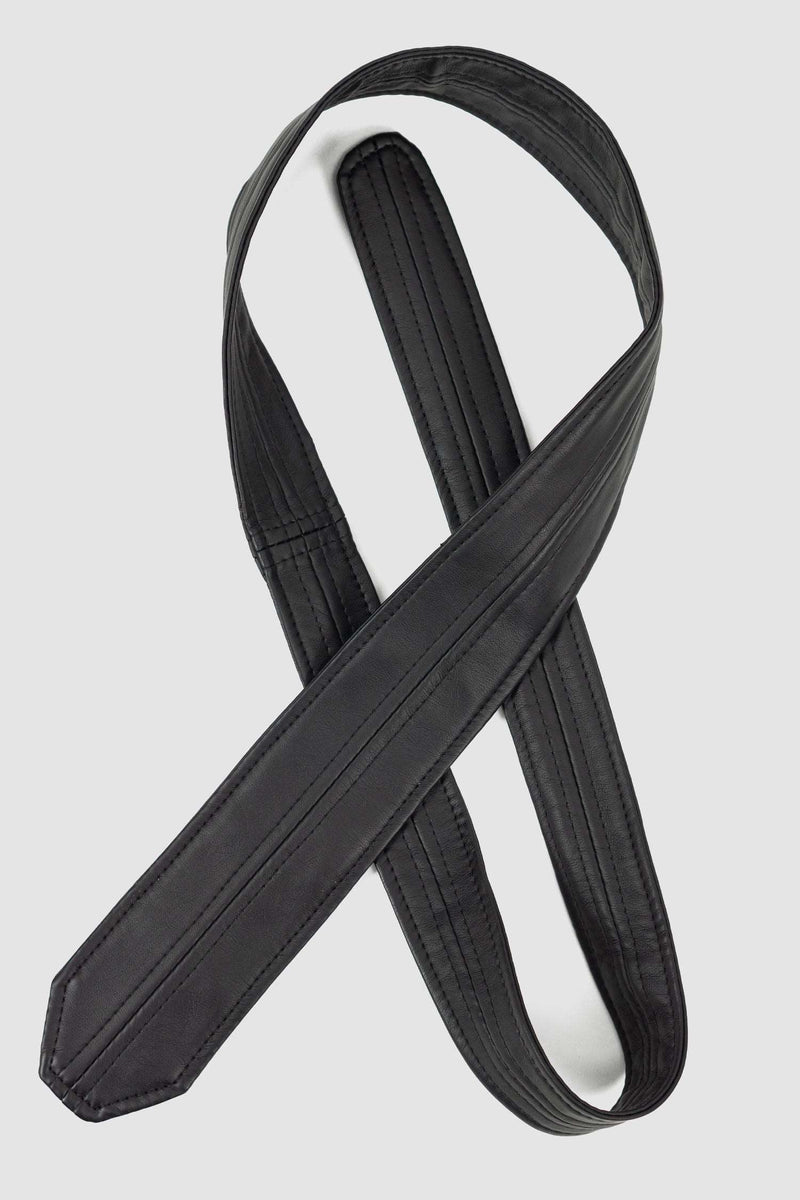 Back View of Stylish FW23 Black Vegan Leather Tie by UY Studio