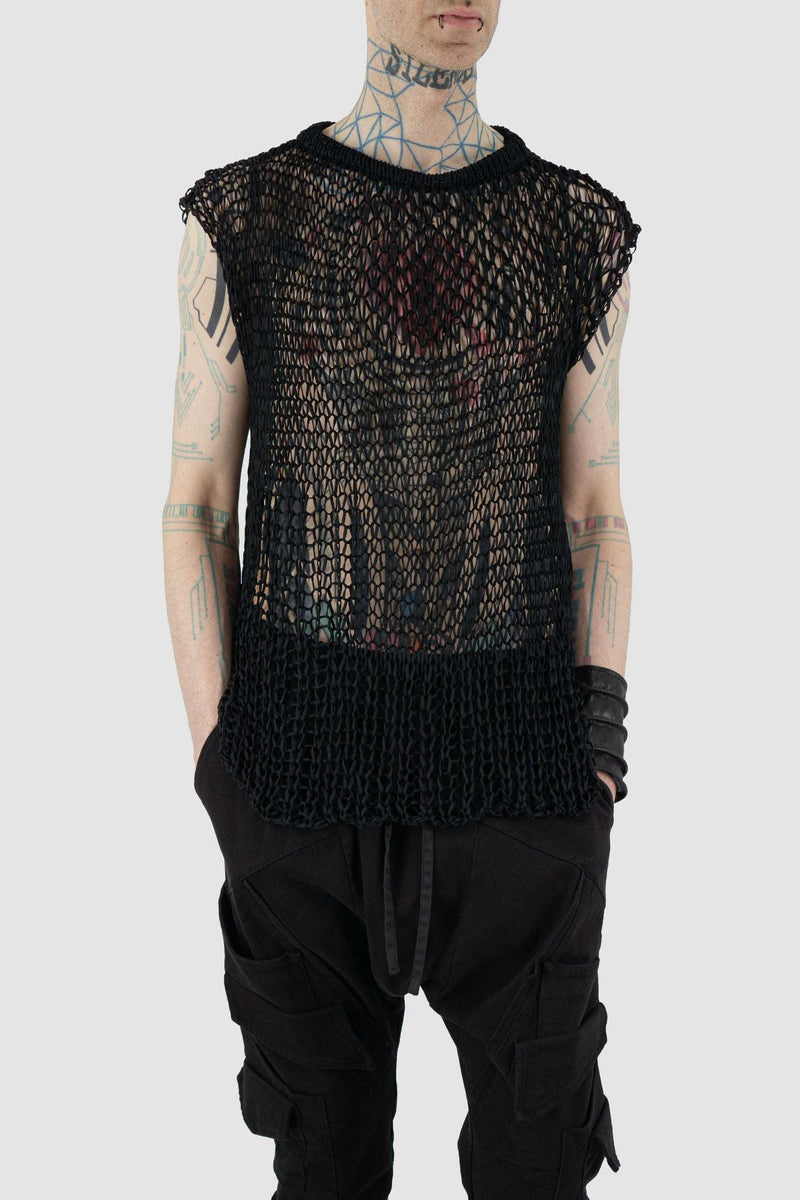 Front view of Black Transparent Knit Tank for Men with overlapping shoulders, LA HAINE INSIDE US