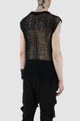 Back view of Black Transparent Knit Tank for Men with overlapping shoulders, LA HAINE INSIDE US