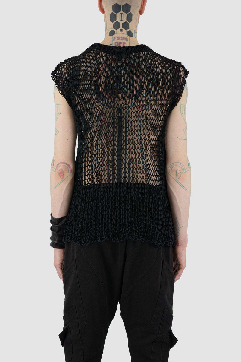 Back view of Black Transparent Knit Tank for Men with overlapping shoulders, LA HAINE INSIDE US