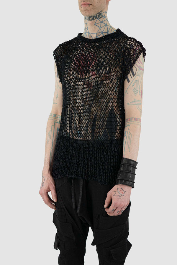 Side view of Black Transparent Knit Tank for Men with overlapping shoulders, LA HAINE INSIDE US
