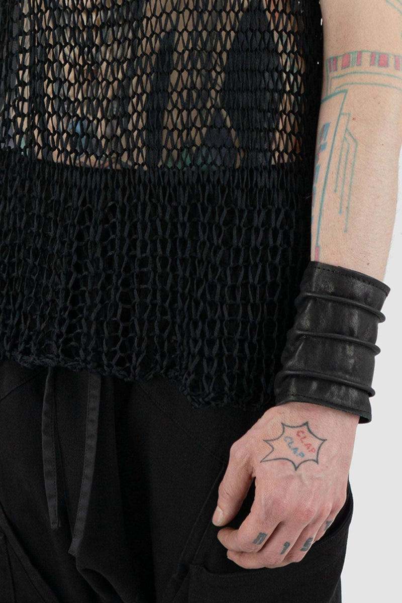 Detail view of Black Transparent Knit Tank for Men with overlapping shoulders, LA HAINE INSIDE US