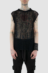 Front view of Black Transparent Knit Tank for Men with overlapping shoulders, LA HAINE INSIDE US