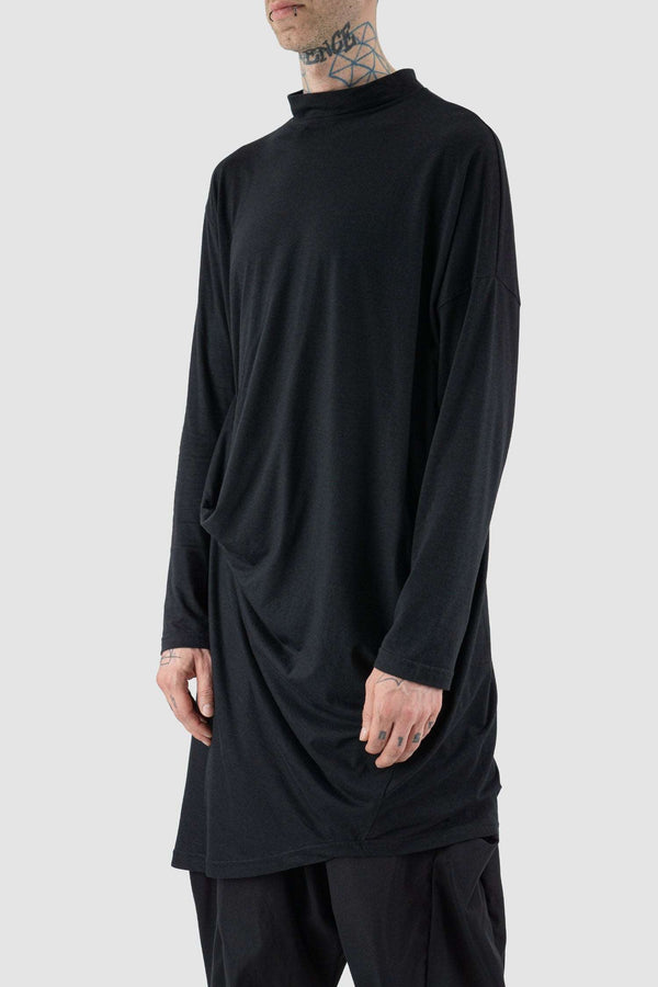 Side view of Black Draped Longsleeve Tunic Top showing overlength fit, XCONCEPT