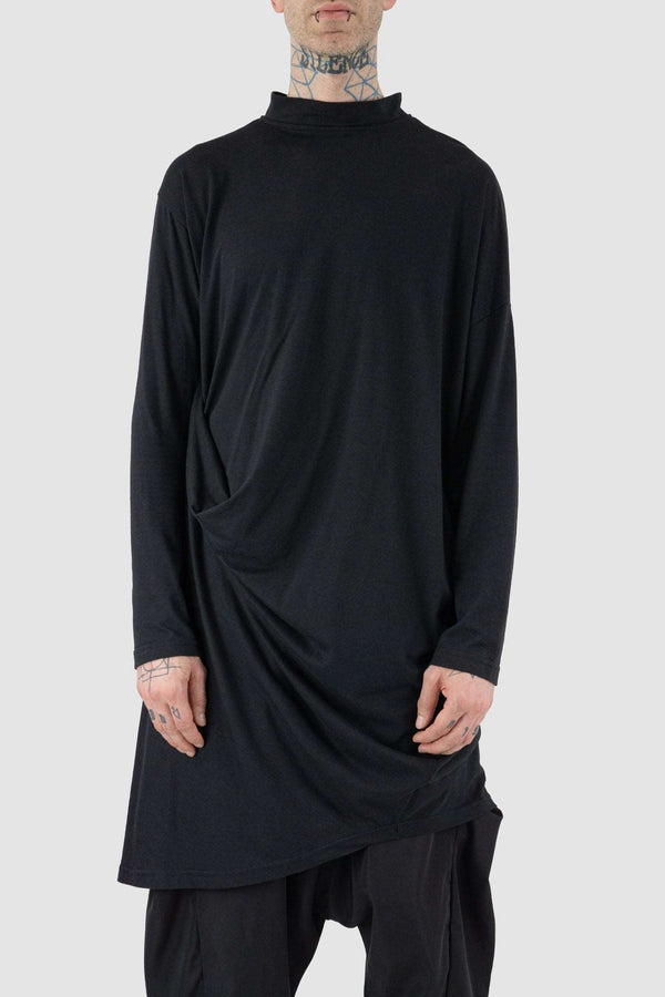 Front view of Black Draped Longsleeve Tunic Top with side draping, XCONCEPT