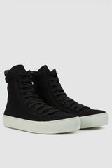 The Last Conspiracy - front right view of Emanuel Black Canvas High Top Sneaker for Men. From SS24 Collection with 10 Eyelets fastening Details.