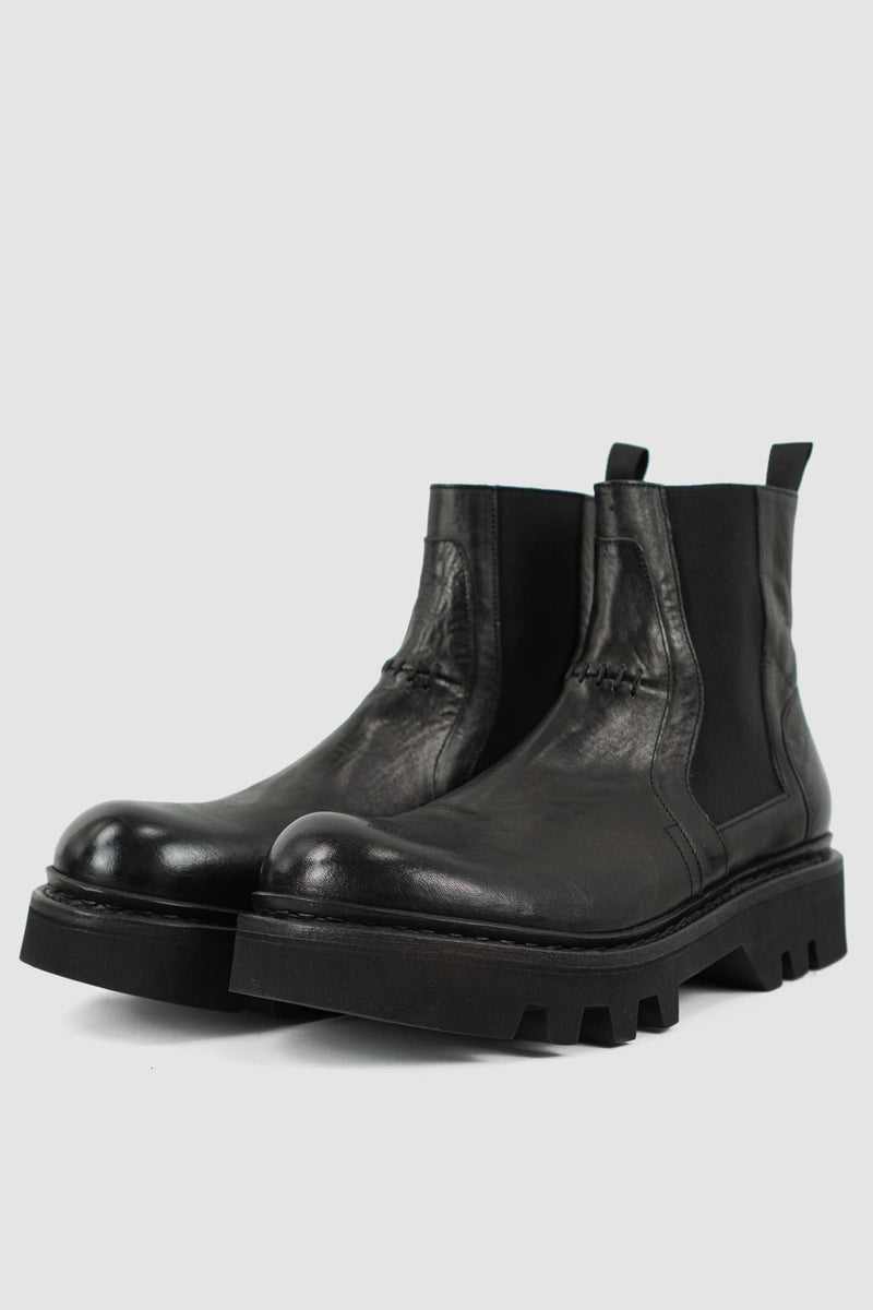 The Last Conspiracy - front left view of Emert Black Leather Chelsea Boots for Men from SS24 Collection with front Scar Stitch Detail.