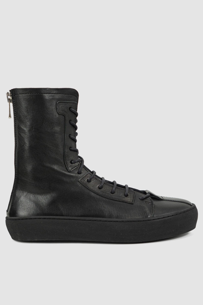 The Last Conspiracy - right view of Black Leather High Top Sneaker for Men from SS24 Collection with Excella Back Zip Detail.