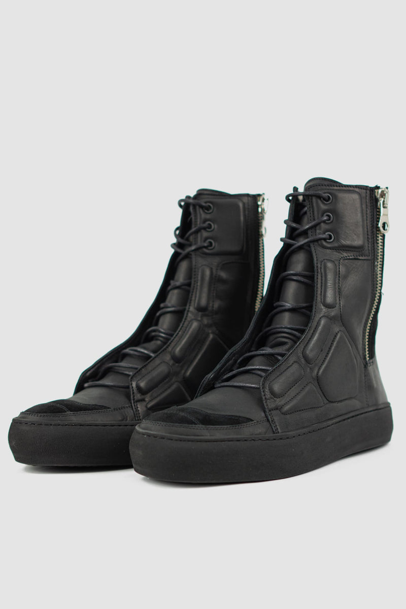 The Last Conspiracy - front left view of Black High Top Laced Sneaker for Men from Permanent Collection with double Lampo Zipper detail.