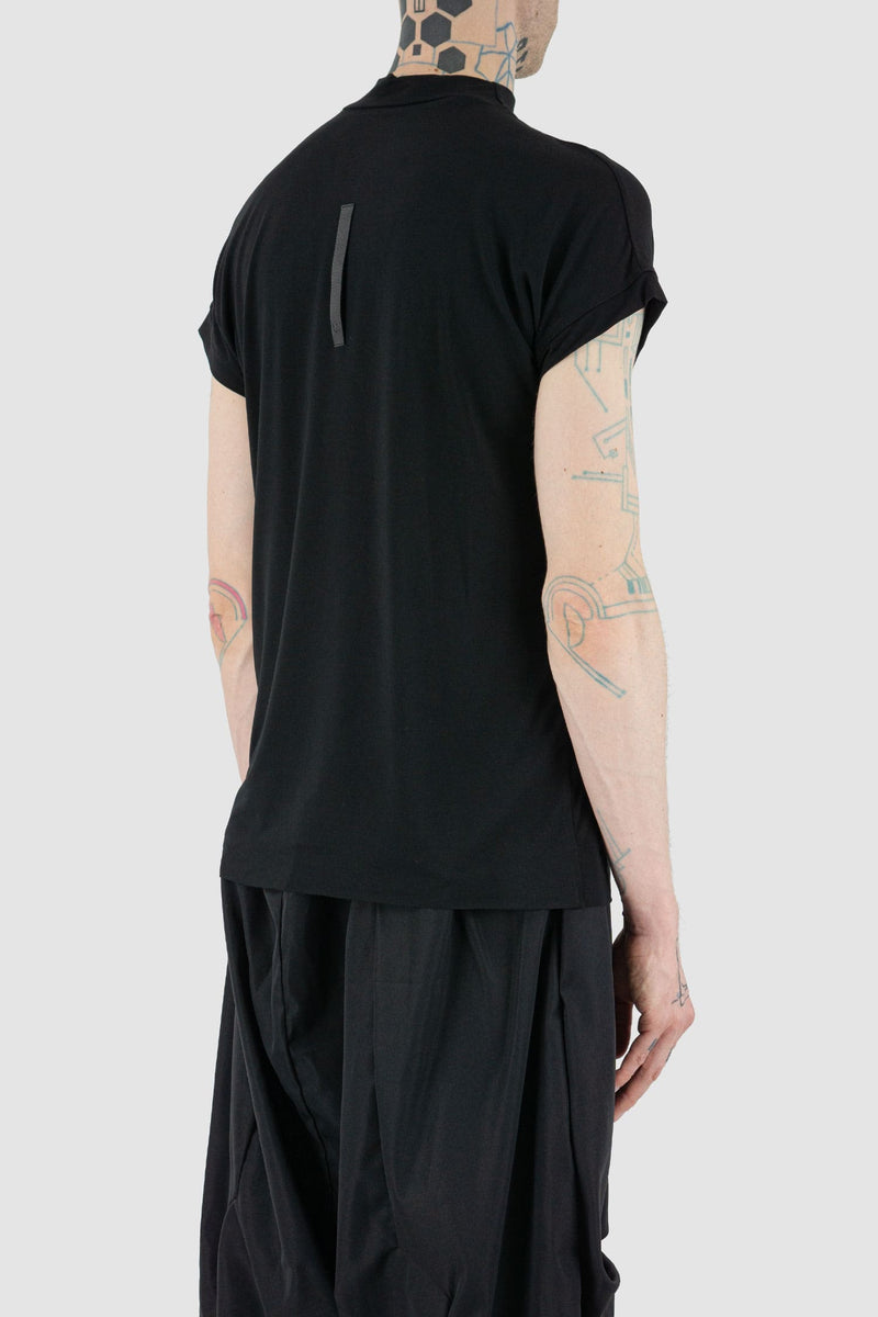 UY Studio - back view of black bamboo casual T-shirt for men with pointy short sleeves, straight cut, Permanent Collection.