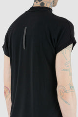 UY Studio - back detail view of black bamboo casual T-shirt for men with pointy short sleeves, straight cut, Permanent Collection.